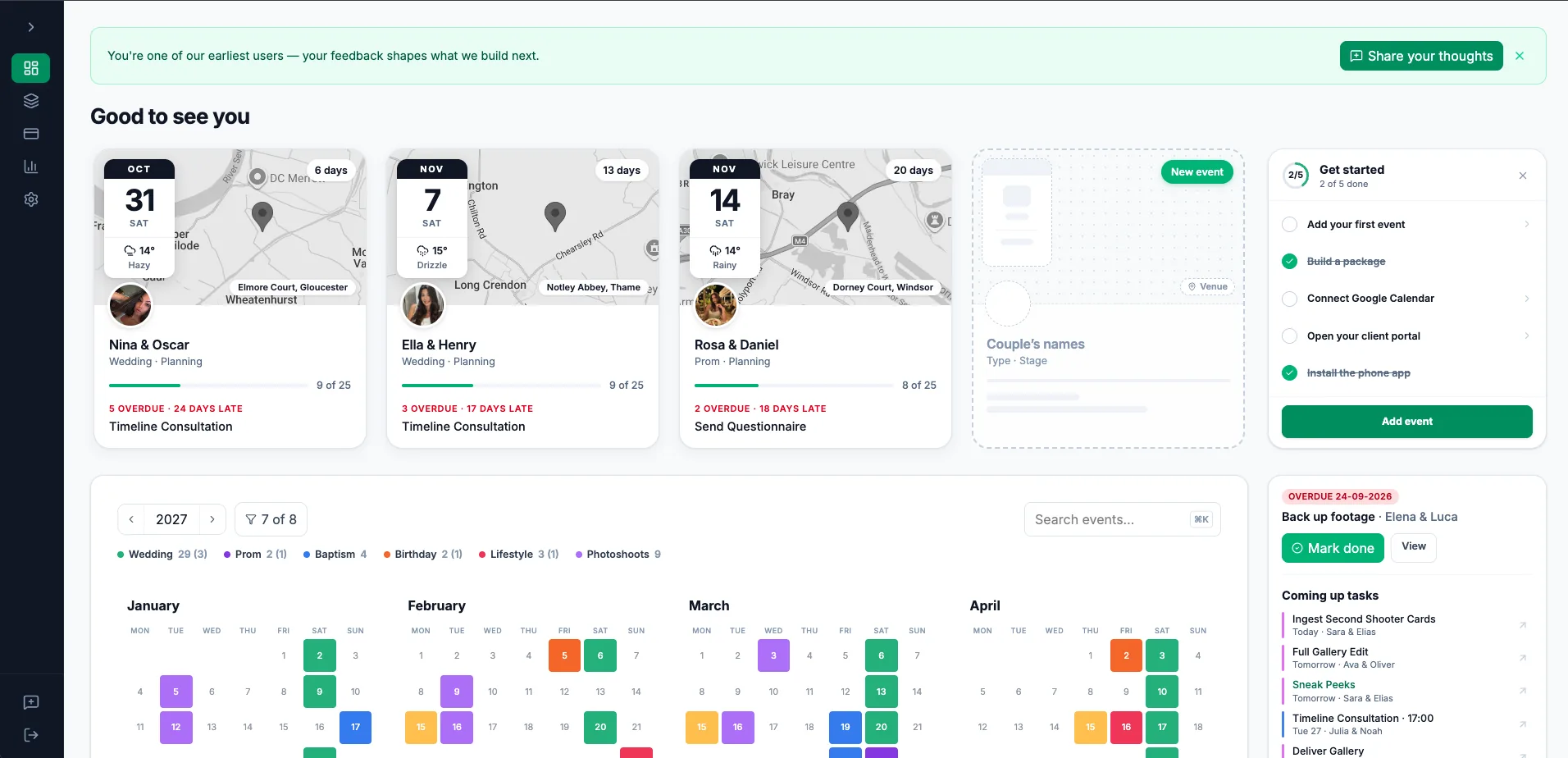 WeddingRunbook on the web: the dashboard with the next weddings, a get-started checklist, the season calendar and upcoming tasks